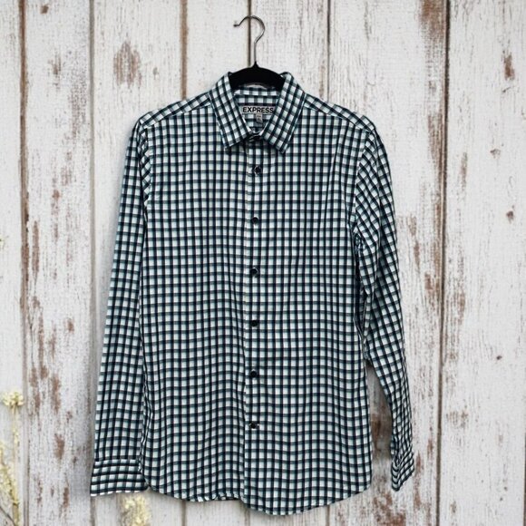 Express Fitted Checkered Button Down Shirt Mens Small Blue White Workwear - Picture 1 of 7